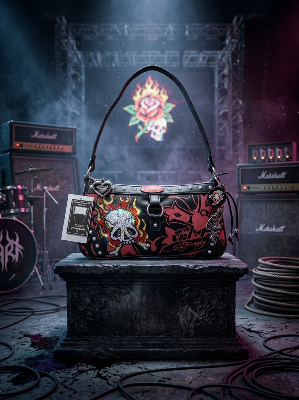 NWT Ed Hardy Rhinestone Flaming Skull Baguette Shoulder Bag
